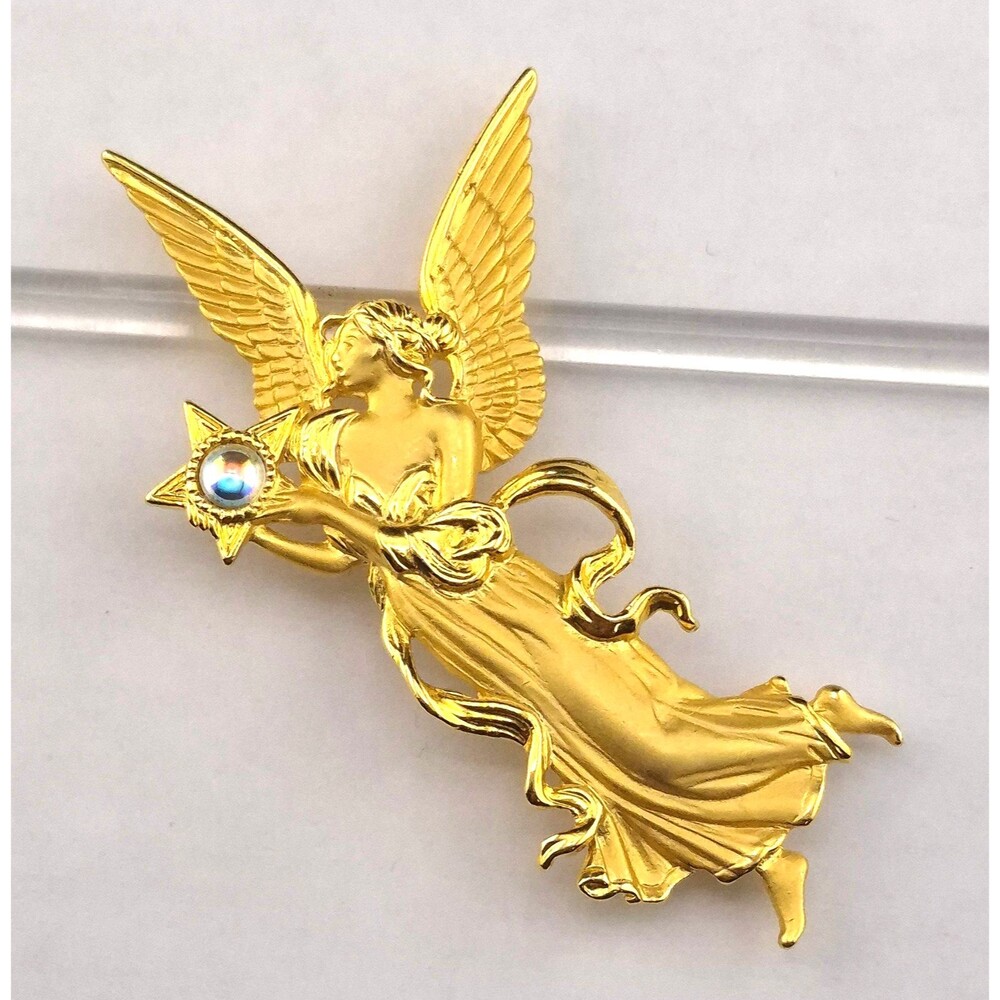 Vintage Signed JJ Guardian Angle Star Brooch Pin Christmas